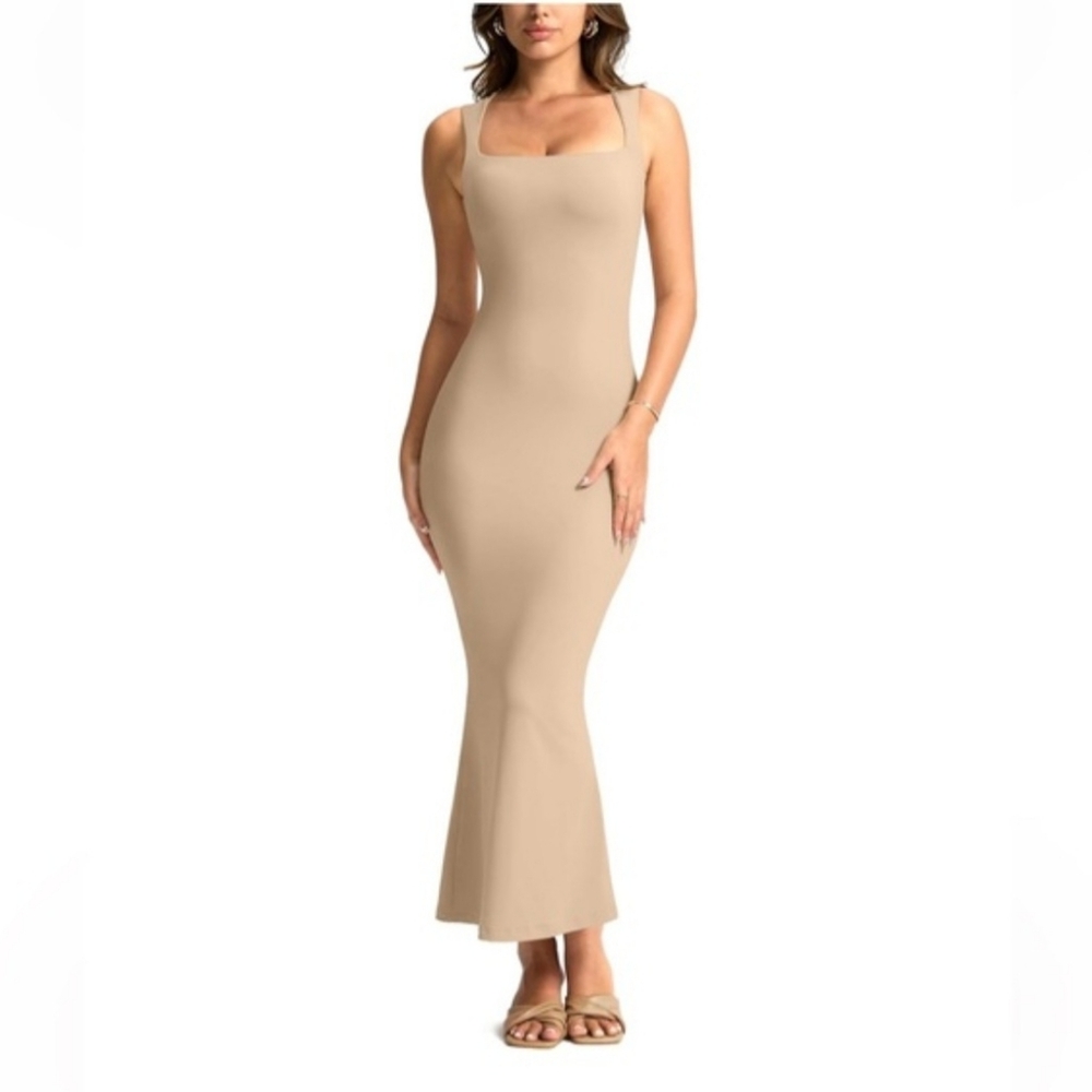 Vilanva Nude Bodycon Maxi Dress XL Spaghetti Strap Stretch Slip Dress Minimalist